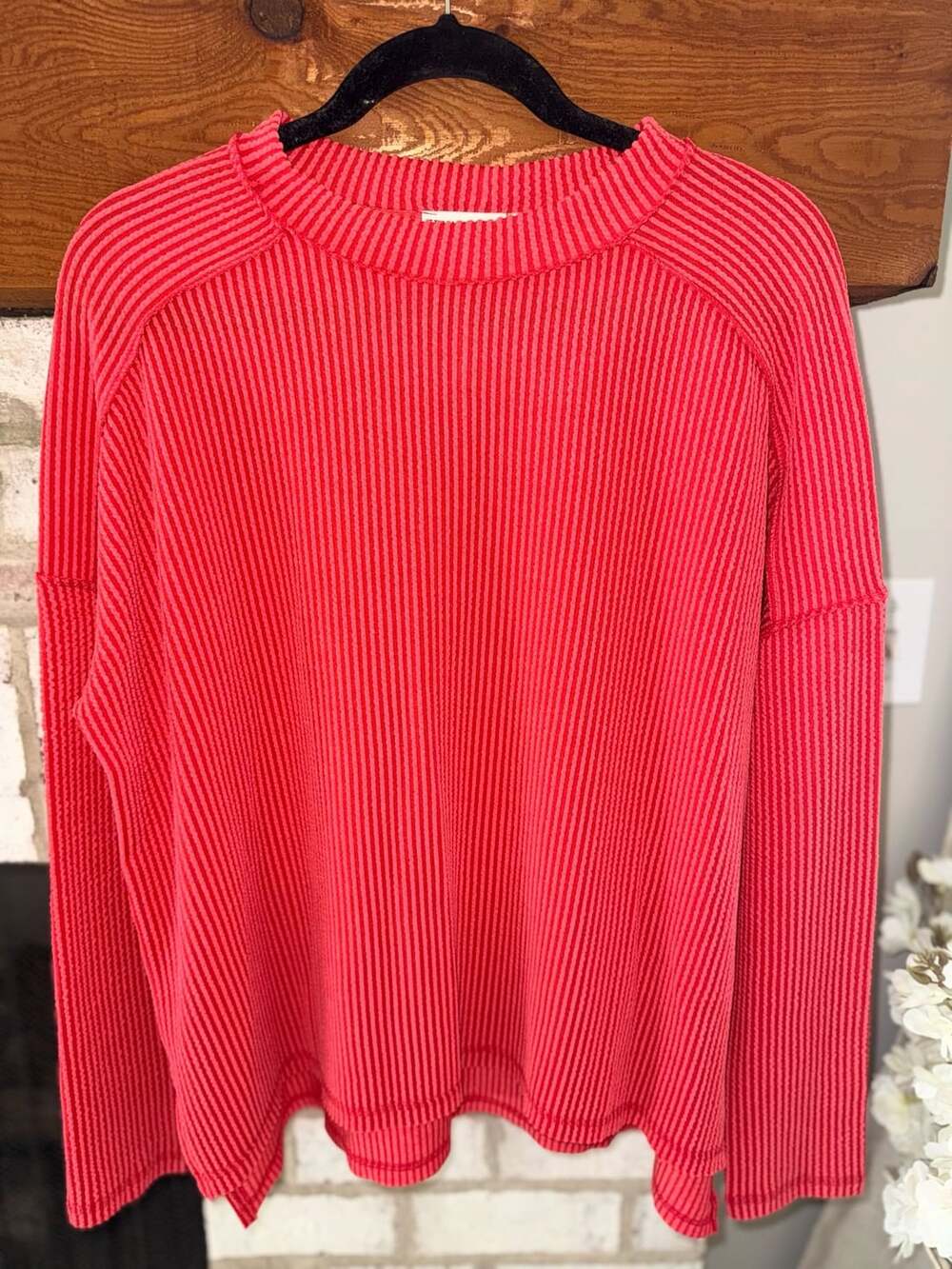 Zenana Ruby Red Ribbed Long Sleeve Raw Edge Top new small
